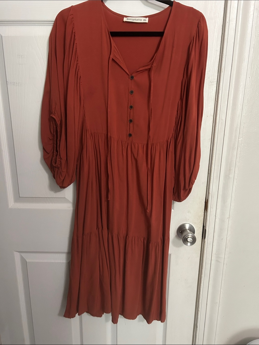 Rust Tiered Midi Dress with Button Front